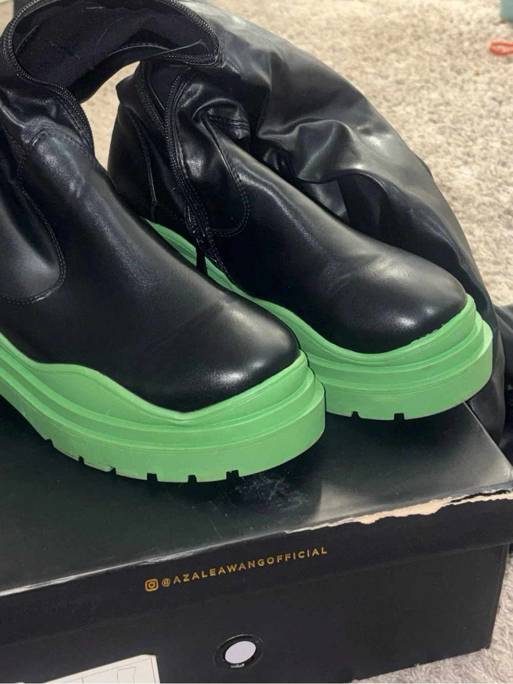 Womens  Black Leather Boots with Green Sole